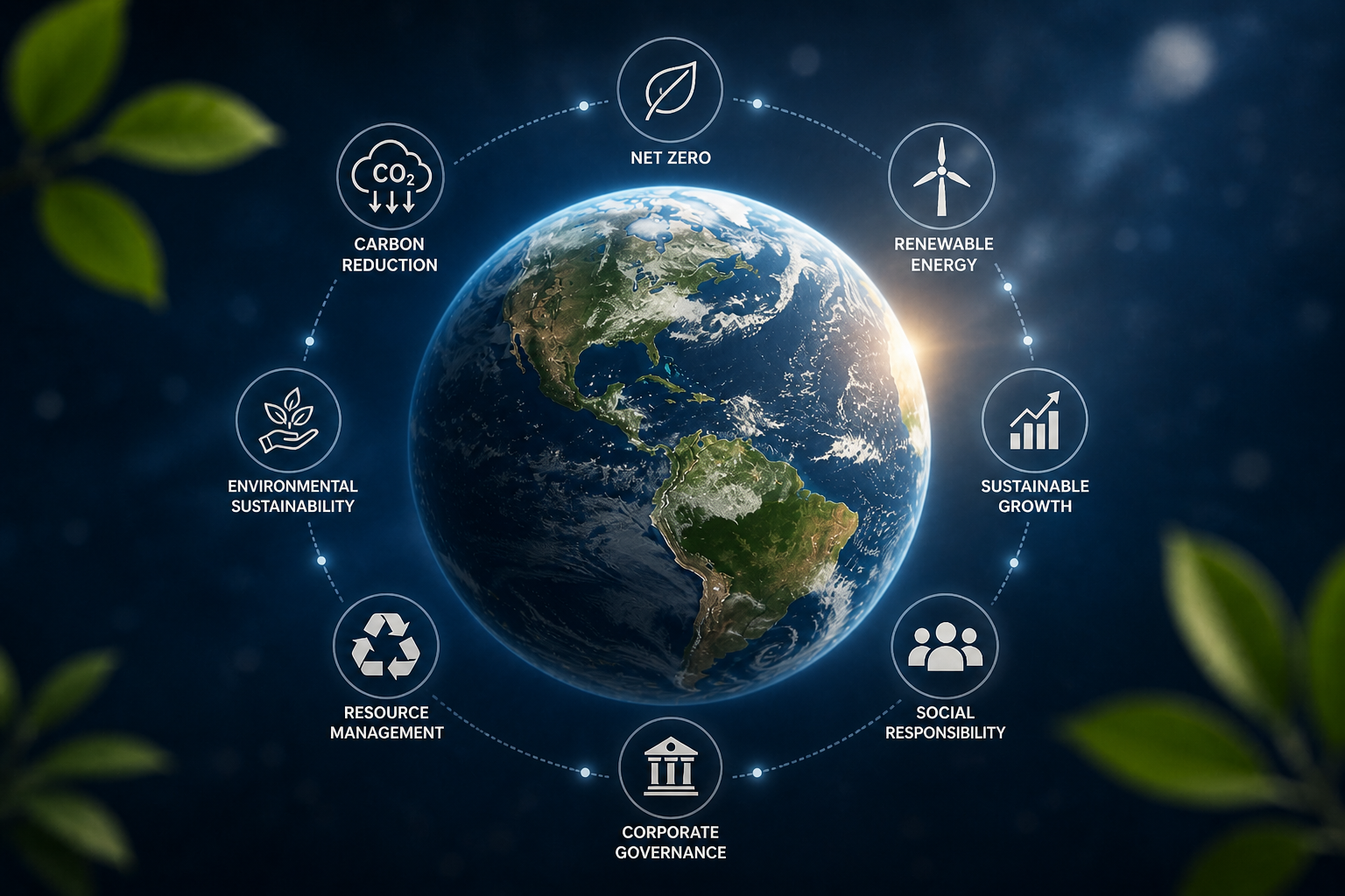 Earth infographic with ESG icons showing sustainability, governance, and carbon reduction