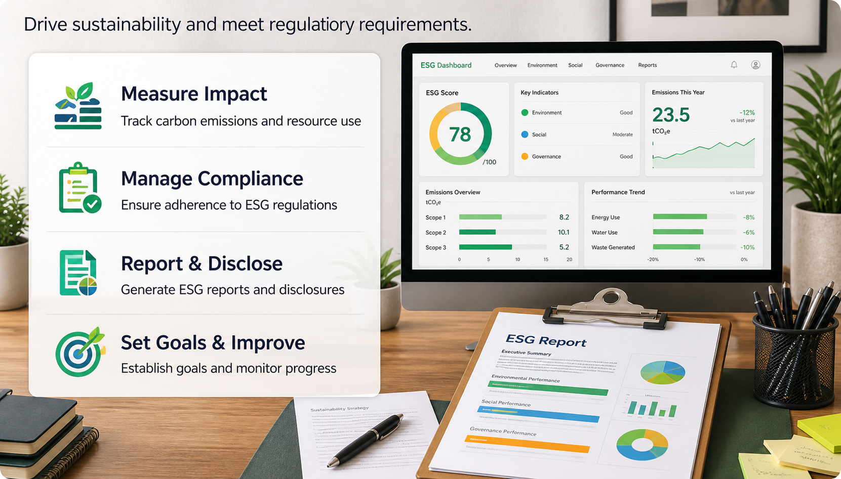 ESG dashboard and report setup showing sustainability tracking and compliance metrics on a desk