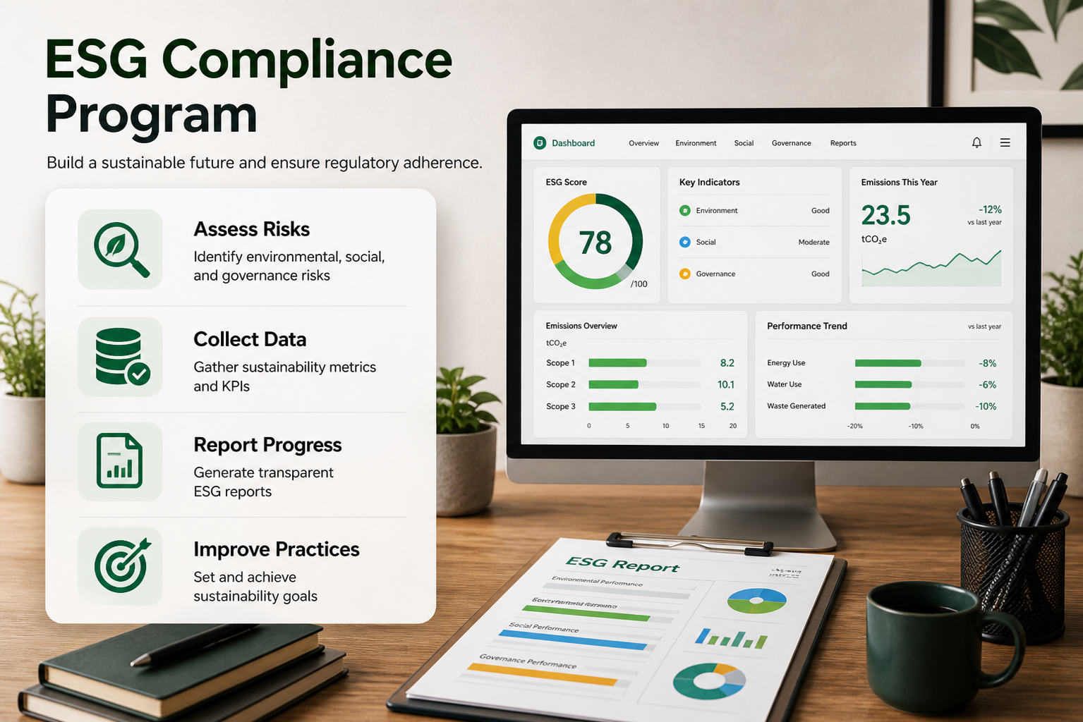 ESG compliance software dashboard and reporting workflow for sustainability tracking and regulatory compliance